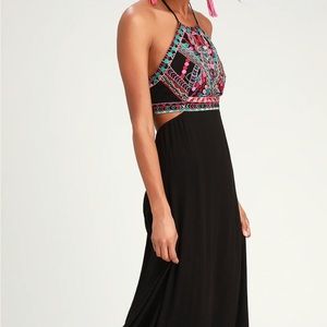 Lulu’s size medium Halter maxi black with embroidery